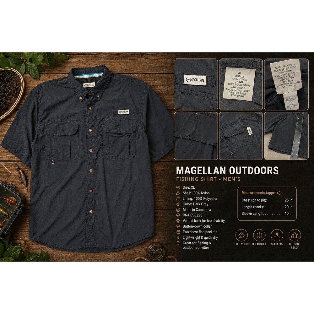 Magellan Outdoors Mens XLβ Black Fishing Shirt Short Sleeve Ventilated Nylon